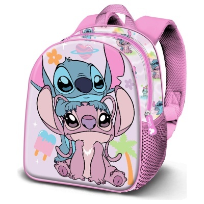 Mochila rosa com personagens Stitch e Angel cartoon e detalhe do zíper Disney