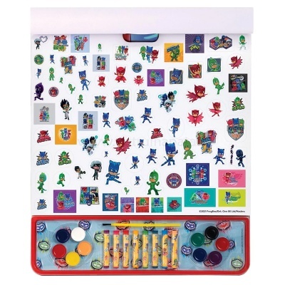 Estojo de pintura com tubos de tinta e autocolantes de personagens de desenho animado PJ MASKS