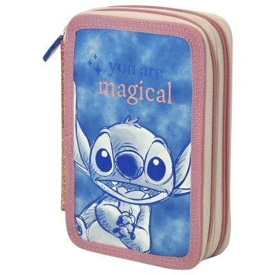 Estojo retangular azul com personagem Stitch e texto 'you are magical'