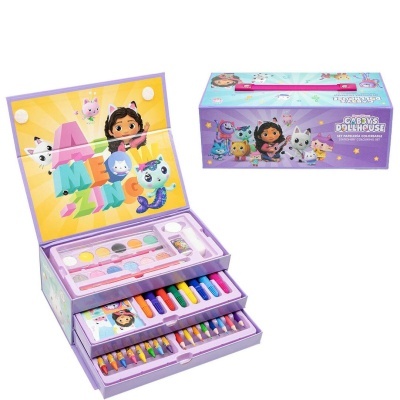 Kit de desenho e pintura para crianças com personagens coloridos e acessórios organizados em caixas lilás e azuis
