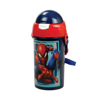 Garrafa de plástico com tampa azul escura e vermelho com imagem do Homem-Aranha.