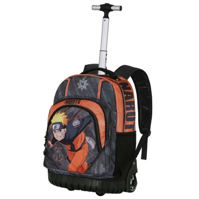 Mochila de rodinhas preta e laranja com estampa do personagem Naruto e alça telescópica