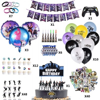 Conjunto de decoração de festa Fortnite com balões, bandeirola 'HAPPY BIRTHDAY', figuras de personagens, pulseiras, cupcakes decorados e adesivos.