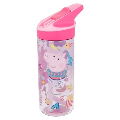 Garrafa infantil transparente com tampa rosada e desenho de Peppa Pig