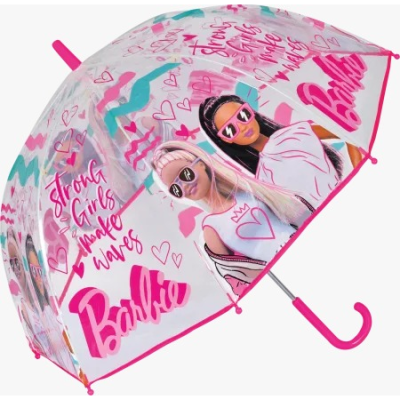 Guarda-chuva transparente com imagens e texto da Barbie em rosa
