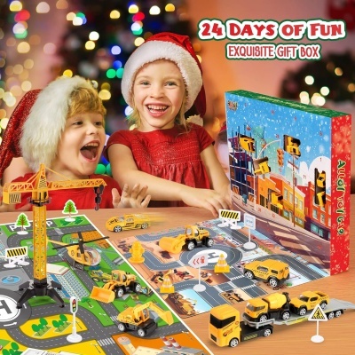 Crianças com gorros de Natal brincam com conjunto de brinquedos de veículos de construção amarelos e caixa colorida 24 DAYS OF FUN