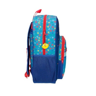Mochila infantil azul com flores coloridas e detalhes vermelhos