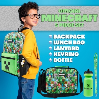Conjunto oficial Minecraft com mochilas, saco de almoço, cordão, porta-chaves e garrafa coloridos em criança