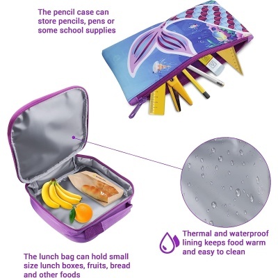 Estojo colorido para lápis e mochila térmica roxa aberta com interior prateado à prova de água