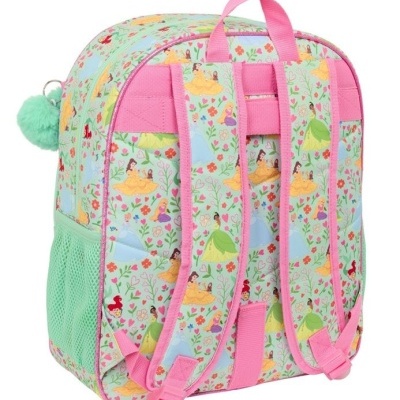 Mochila infantil colorida com padrão de princesas e alças rosas