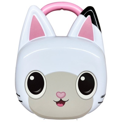 Estojo rígido branco em forma de cabeça de gato com detalhes em rosa e preto