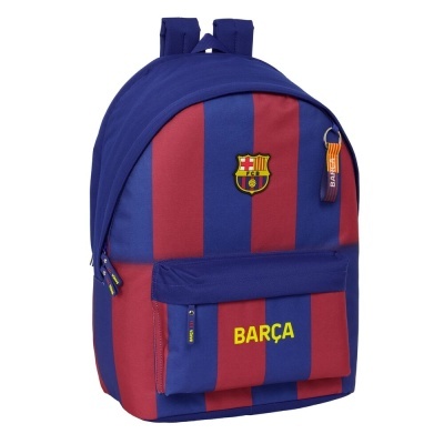 Mochila azul e grená com escudo FCB e texto BARÇA