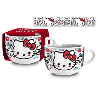 Caneca branca com desenho Hello Kitty, laço vermelho e detalhes coloridos, junto com a embalagem vermelha.