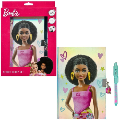 Conjunto Barbie Secret Diary com uma boneca em vestido rosa e caneta azul com padrão rosa