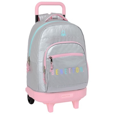 Mochila de carrinho Benetton cinza prateada com detalhes cor de rosa