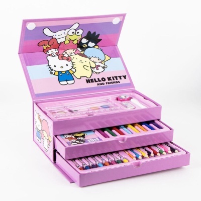 Estojo escolar rosa Hello Kitty and Friends com lápis, marcadores e acessórios de desenho