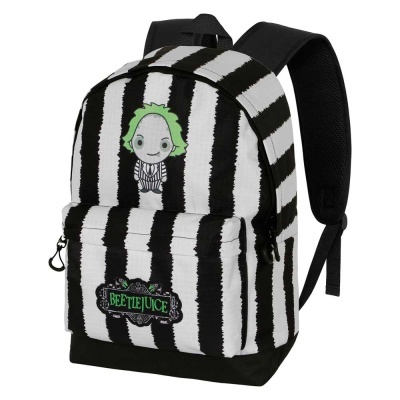 Mochila riscas pretas e brancas com figura de personagem e texto Beetlejuice