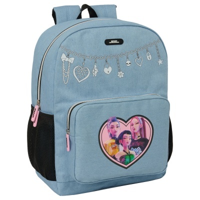 Mochila azul com padrão de correntes e imagem de três personagens femininas
