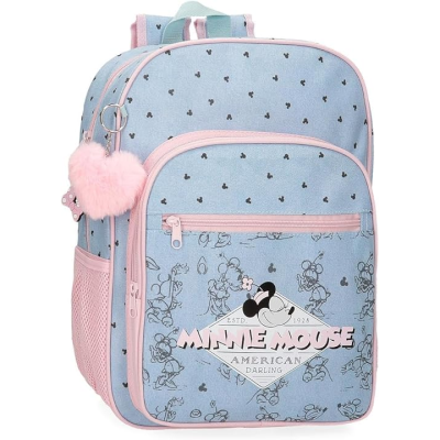 Mochila azul claro com estampas de Minnie Mouse e detalhes rosa