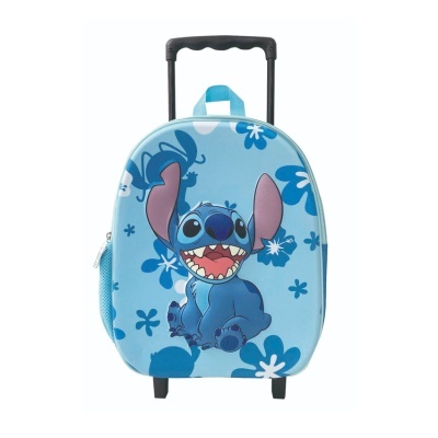Mala de viagem azul com estampa do personagem Stitch e pega preta extensível