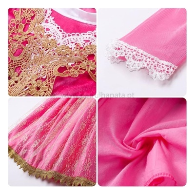 Roupa rosa para bebé com rendas douradas e brancas e saia rosa com borda dourada