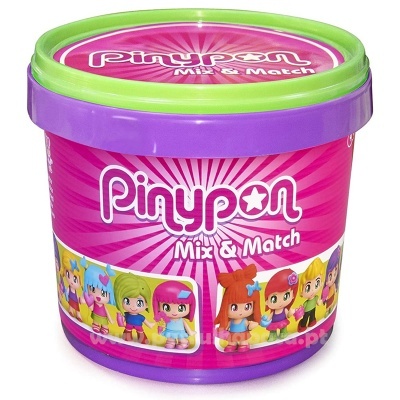 Recipiente de brinquedo Pinypon Mix & Match roxo e verde com bonecos coloridos no rótulo