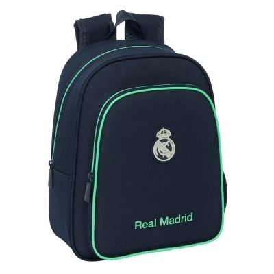Mochila azul escura com detalhes verdes e logo Real Madrid