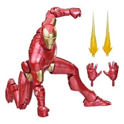 Figura articulada de Iron Man em pose de joelhos com mãos e efeitos de energia extras