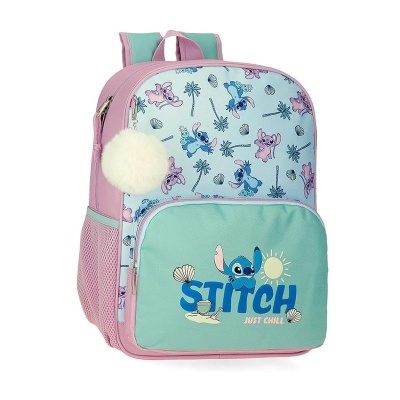 Mochila infantil rosa e verde com padrão Stitch e pompom branco