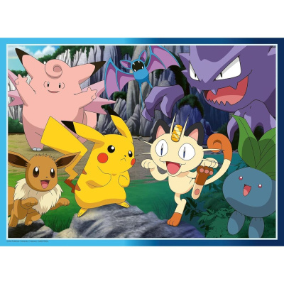 Personagens Pokémon animados em cenário natural com vegetação e rochas