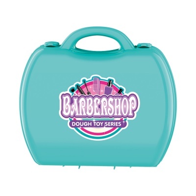 Mala de brinquedo azul turquesa com etiqueta Barbershop