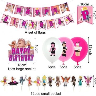 Conjunto decorativo de aniversário com bandeiras, balões e figuras recortadas de personagens