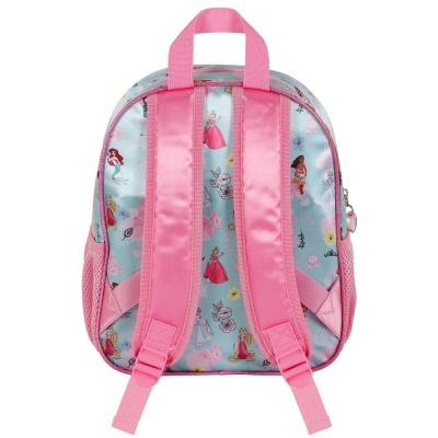 Mochila infantil azul e cor-de-rosa com personagens de desenhos animados