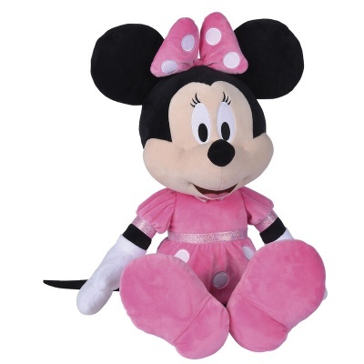 Pelúcia Minnie Disney em tecido rosa e preto com laço rosa de bolinhas brancas