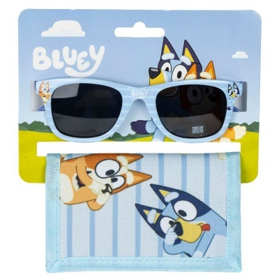 Óculos de sol infantis azul claro com personagens Bluey e estojo azul com personagens estampados