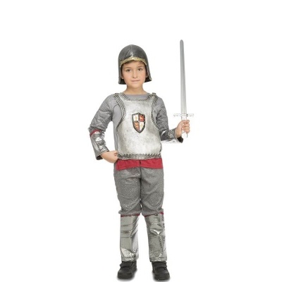Fato de cavaleiro infantil com elmo e espada em fundo branco