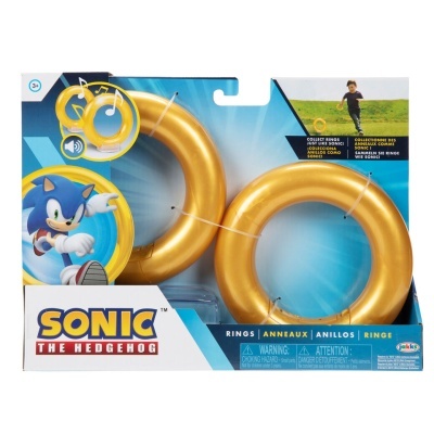 Conjunto de dois anéis dourados Sonic the Hedgehog em embalagem azul