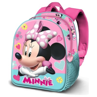 Mochila infantil Minnie rosa e azul com laço e corações