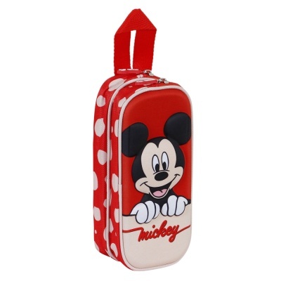 Estojo escolar vermelho com bolinhas brancas e estampa do Mickey Mouse