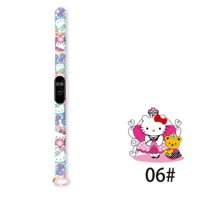Relógio digital com bracelete colorido e personagens Hello Kitty em azul, branco e rosa.