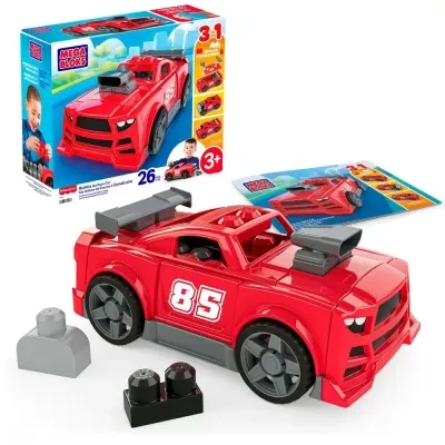 Carro de brincar vermelho e cinza, com número 85 branco, peças de encaixar, manual e embalagem colorida.