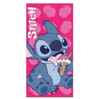 Toalha rosa com Stitch a comer gelado e texto 'Stitch'.