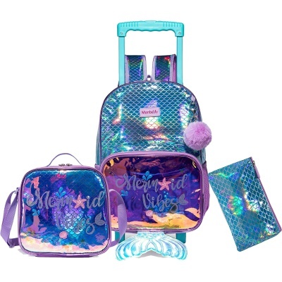 Conjunto escolar holográfico azul e roxo com mala de rodinhas, saco de ombro, estojo e acessório de cabelo