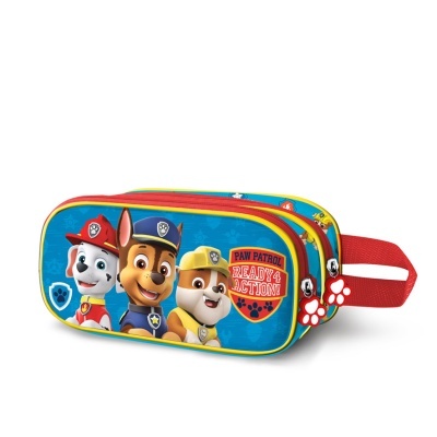 Estojo escolar azul com personagens da Paw Patrol e logotipo