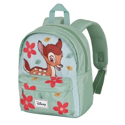 Mochila verde claro para crianças com imagem do Bambi e flores vermelhas.