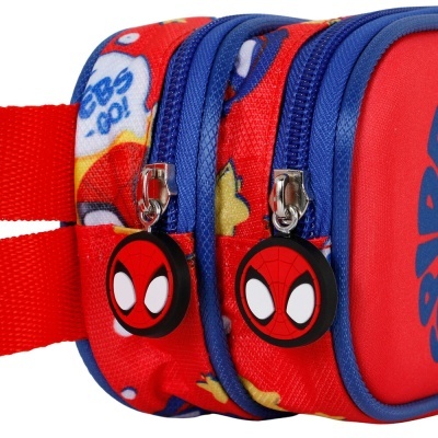 Mochila pequena vermelha e azul com zíperes com pendentes do Homem-Aranha