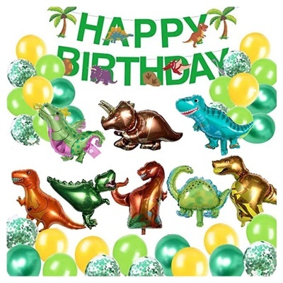 Decoração de festa com balões coloridos e balões metálicos de dinossauros e letras verdes a dizer HAPPY BIRTHDAY