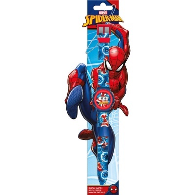 Relógio infantil digital Marvel Spider-Man em plástico com bracelete azul e imagens do Homem-Aranha