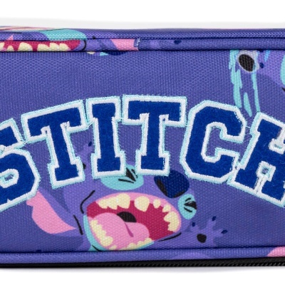 Estojo escolar roxo com padrão do personagem Stitch e texto STITCH