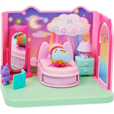 Quarto de brinquedo colorido com cama e figuras de gato